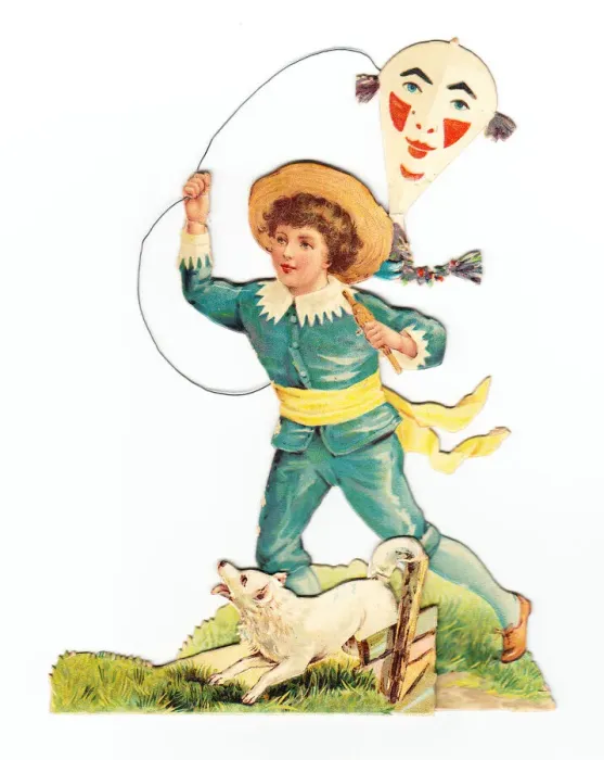 Framed Print : Boy with dog and kite on a cutout greetings card Framed Print : Boy with dog and kite on a cutout greetings card