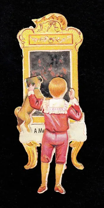 Framed Print : Boy with dog and mirror on a cutout greetings card Framed Print : Boy with dog and mirror on a cutout greetings card