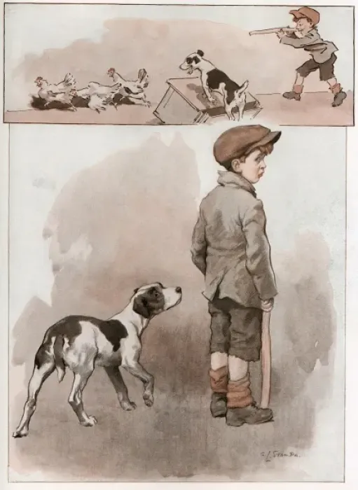 Framed Print : A boy and his dog in trouble for chasing chickens Framed Print : A boy and his dog in trouble for chasing chickens