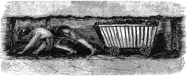 Boy dragging coal wagon with harness and chain in mine
