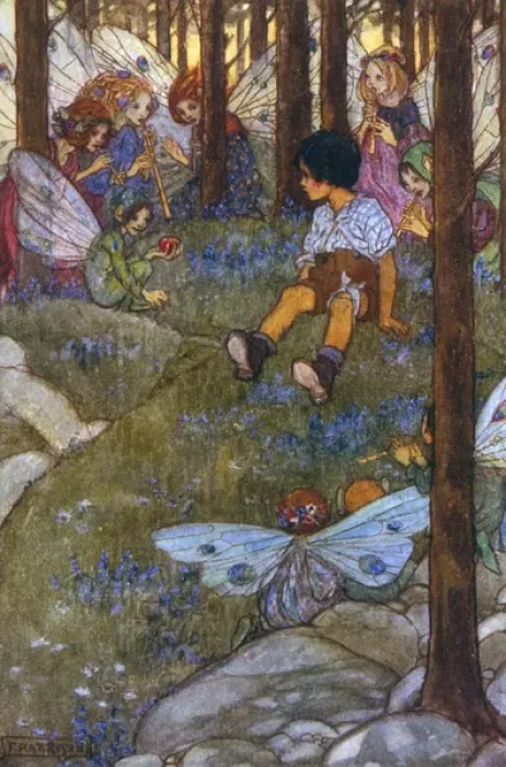 Framed Print : A boy is enchanted by the fairies of the forest Framed Print : A boy is enchanted by the fairies of the forest
