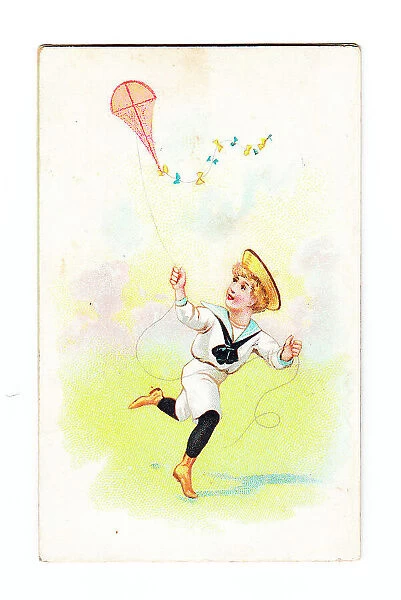 Boy flying a kite on a greetings card