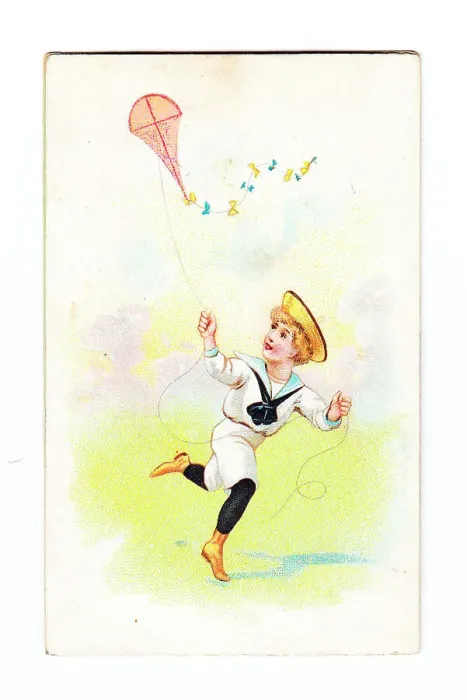 Framed Print : Boy flying a kite on a greetings card Framed Print : Boy flying a kite on a greetings card