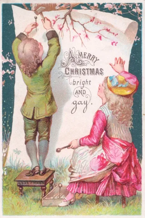 Framed Print : Boy and girl attaching Christmas greeting to a tree Framed Print : Boy and girl attaching Christmas greeting to a tree