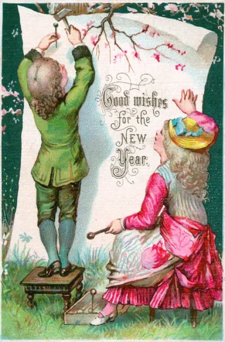 Framed Print : Boy and girl attaching New Year greeting to a tree Framed Print : Boy and girl attaching New Year greeting to a tree