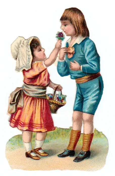 Framed Print : Boy and girl with a basket of flowers on a Victorian scrap Framed Print : Boy and girl with a basket of flowers on a Victorian scrap