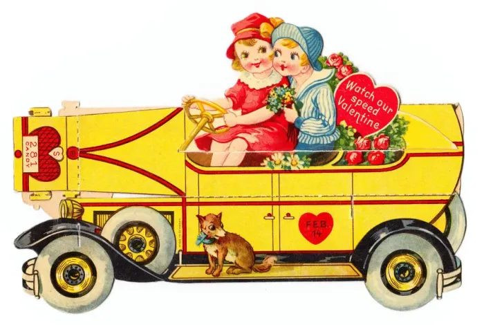 Framed Print : Boy and girl in a car on a cutout Valentines card Framed Print : Boy and girl in a car on a cutout Valentines card