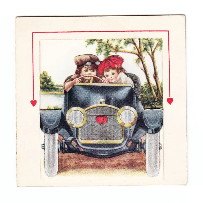Framed Print : Boy and girl in a car on a romantic greetings card Framed Print : Boy and girl in a car on a romantic greetings card