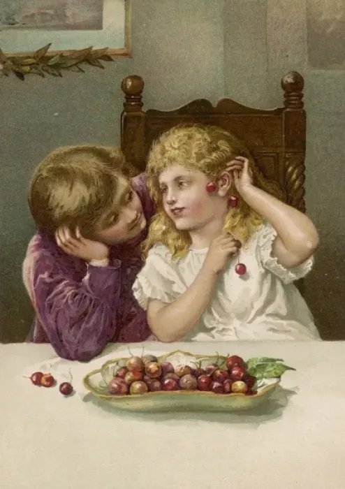 Framed Print : Boy / Girl with Cherries Framed Print : Boy / Girl with Cherries