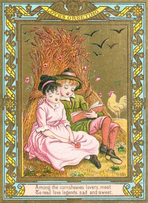 Framed Print : Boy and girl with corn sheaves on a romantic greetings card Framed Print : Boy and girl with corn sheaves on a romantic greetings card