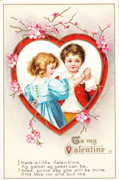 Framed Print : Boy and girl dancing on a Valentine postcard Framed Print : Boy and girl dancing on a Valentine postcard