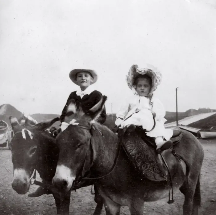 Framed Print : Boy and girl on donkeys, Saltburn, North Yorkshire Framed Print : Boy and girl on donkeys, Saltburn, North Yorkshire