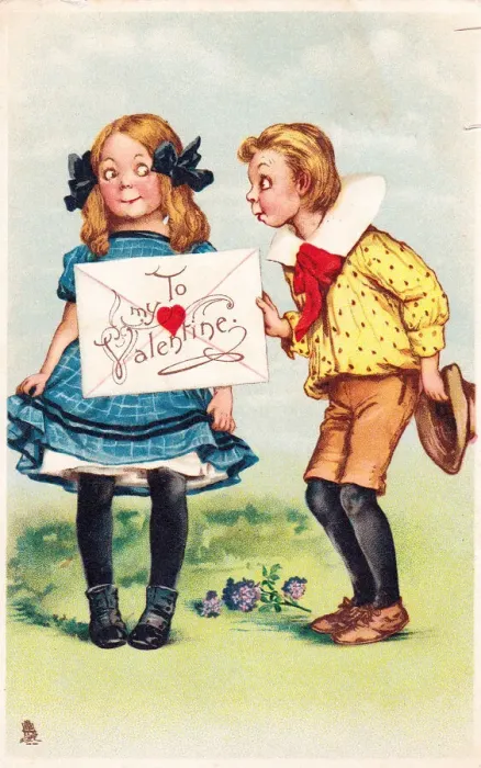 Framed Print : Boy and girl with envelope on a comic Valentine postcard Framed Print : Boy and girl with envelope on a comic Valentine postcard