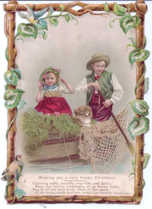 Framed Print : Boy and girl in fishing boat on a Christmas card Framed Print : Boy and girl in fishing boat on a Christmas card