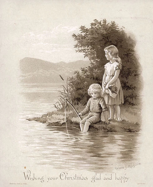 Boy and girl fishing on a sepia Christmas card