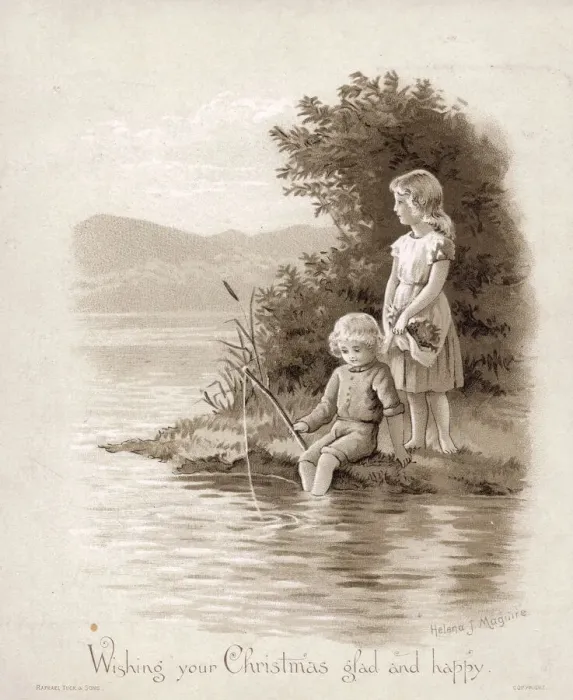 Framed Print : Boy and girl fishing on a sepia Christmas card Framed Print : Boy and girl fishing on a sepia Christmas card