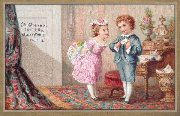 Boy and girl with flowers and card on a Christmas card