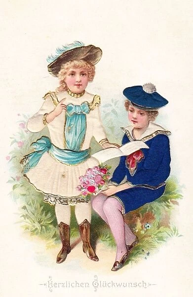 Boy and girl with flowers on a German greetings card