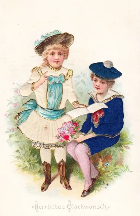 Framed Print : Boy and girl with flowers on a German greetings card Framed Print : Boy and girl with flowers on a German greetings card
