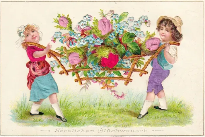 Framed Print : Boy and girl with flowers on a German greetings card Framed Print : Boy and girl with flowers on a German greetings card