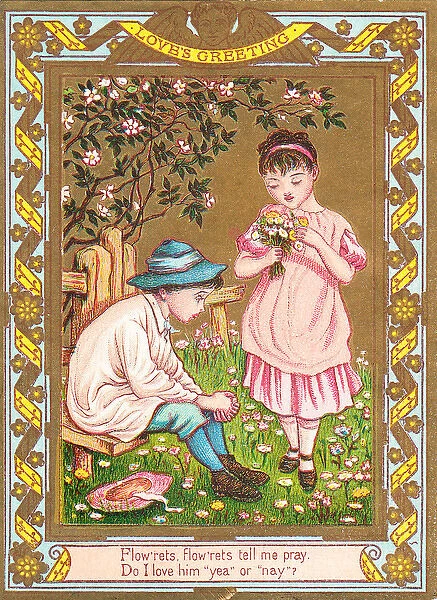 Boy and girl with flowers on a romantic greetings card