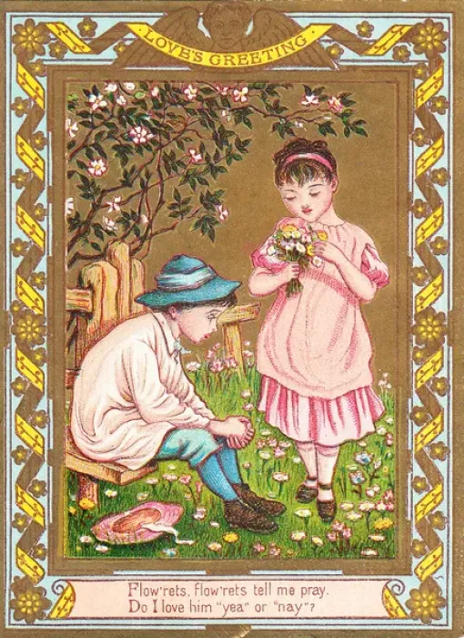 Framed Print : Boy and girl with flowers on a romantic greetings card Framed Print : Boy and girl with flowers on a romantic greetings card
