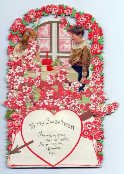 Framed Print : Boy and girl with flowers and verse on a Valentine card Framed Print : Boy and girl with flowers and verse on a Valentine card