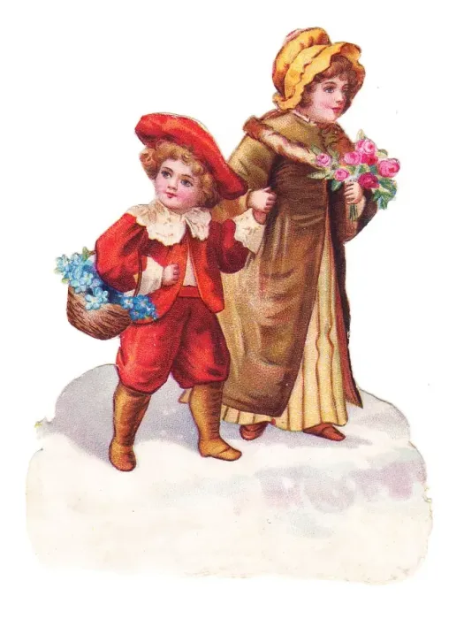 Framed Print : Boy and girl with flowers on a Victorian scrap Framed Print : Boy and girl with flowers on a Victorian scrap