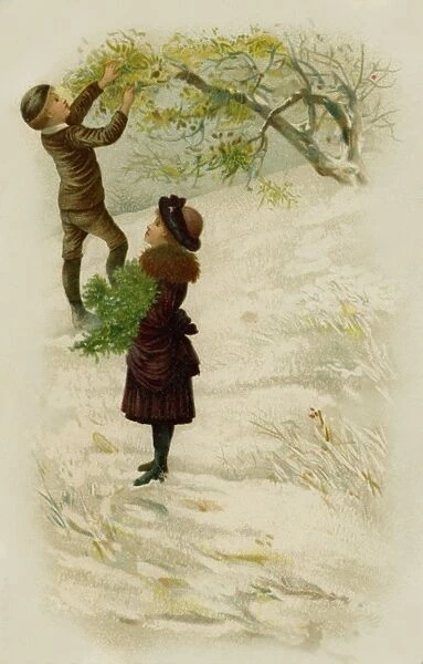 Boy & girl gathering mistletoe