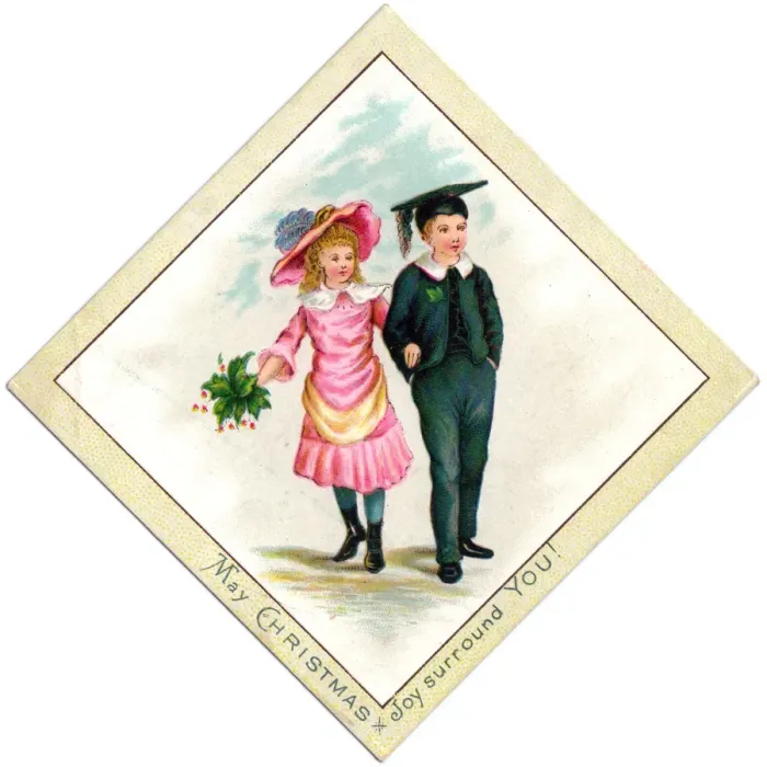 Framed Print : Boy and girl going for a walk on a Christmas card Framed Print : Boy and girl going for a walk on a Christmas card