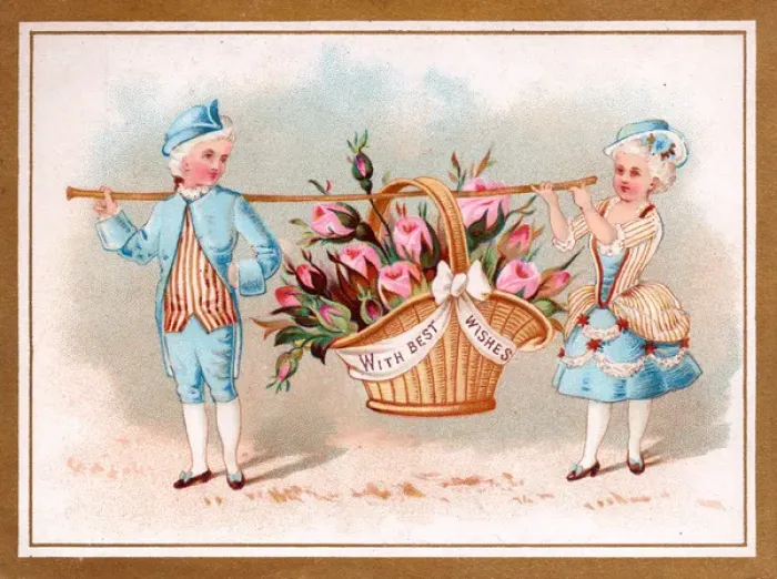 Framed Print : Boy and girl in historical costume on a Best Wishes card Framed Print : Boy and girl in historical costume on a Best Wishes card