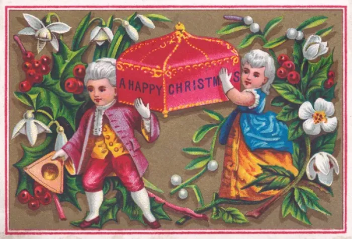 Framed Print : Boy and girl in historical costume on a Christmas card Framed Print : Boy and girl in historical costume on a Christmas card