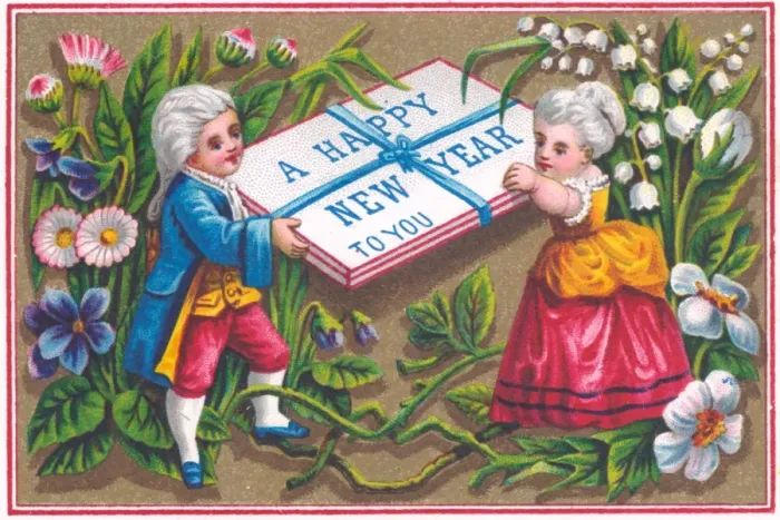 Framed Print : Boy and girl in historical costume on a New Year card Framed Print : Boy and girl in historical costume on a New Year card