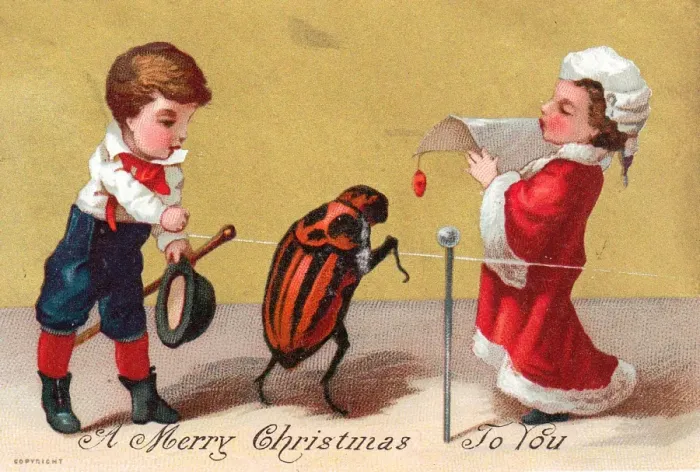 Framed Print : Boy and girl with large ladybird on a Christmas card Framed Print : Boy and girl with large ladybird on a Christmas card