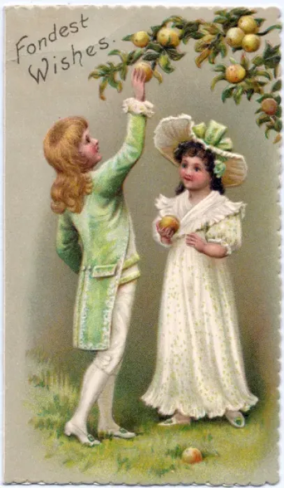 Framed Print : Boy and girl in an orchard on a Fondest Wishes card Framed Print : Boy and girl in an orchard on a Fondest Wishes card