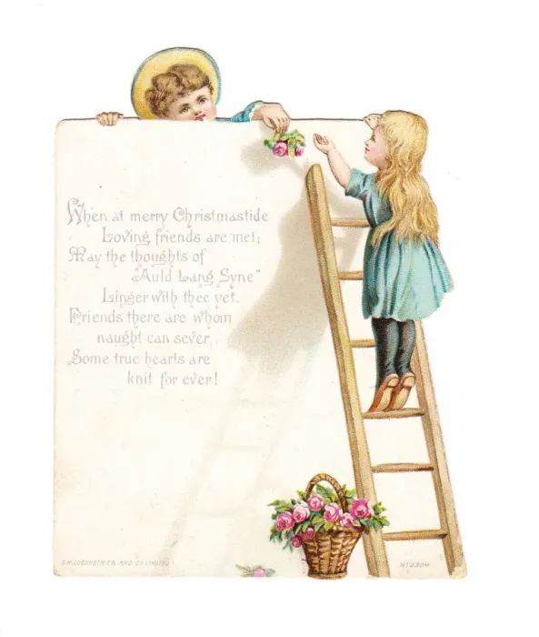 Framed Print : Boy and girl with pink roses on a cutout Christmas card Framed Print : Boy and girl with pink roses on a cutout Christmas card
