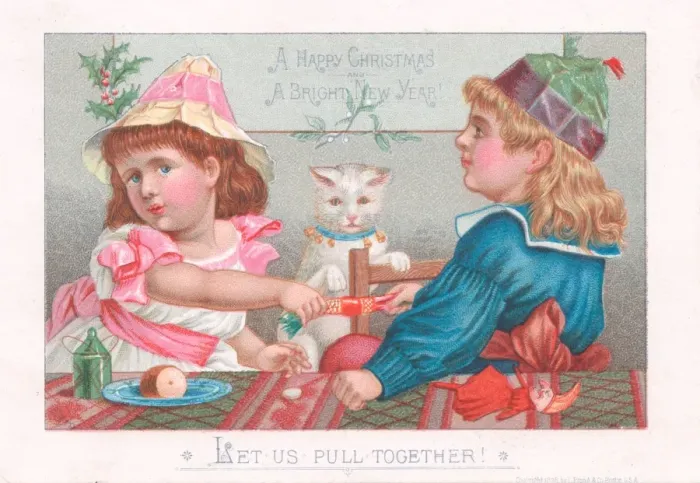Framed Print : Boy and girl pulling cracker on a Christmas card Framed Print : Boy and girl pulling cracker on a Christmas card