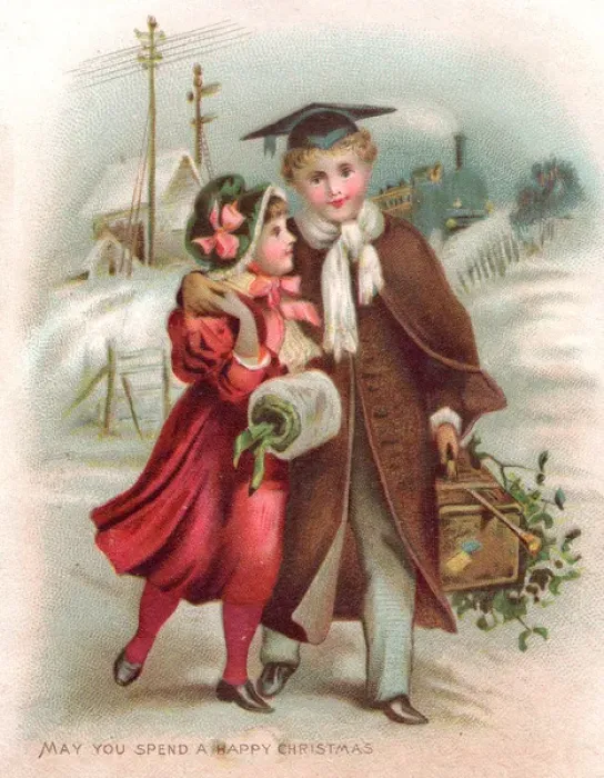 Framed Print : Boy and girl reunited on a Christmas card Framed Print : Boy and girl reunited on a Christmas card
