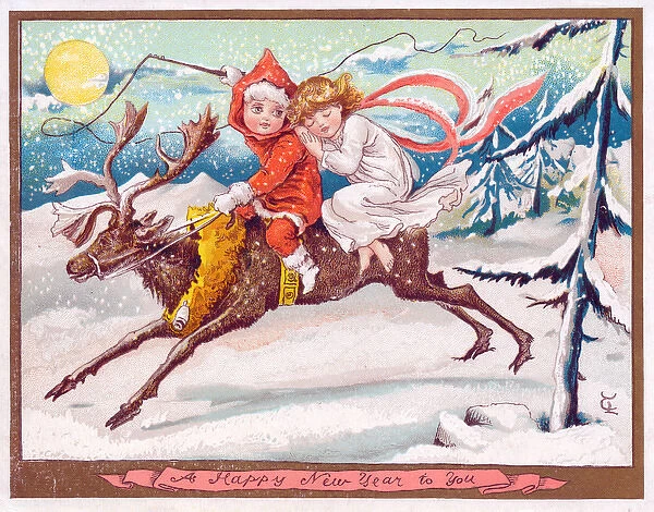 Boy and girl riding a reindeer on a New Year card