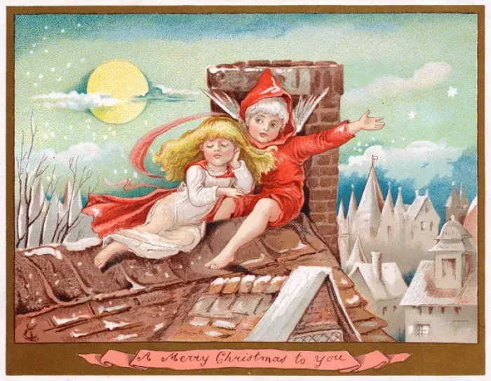 Framed Print : Boy and girl on a rooftop on a Christmas card Framed Print : Boy and girl on a rooftop on a Christmas card