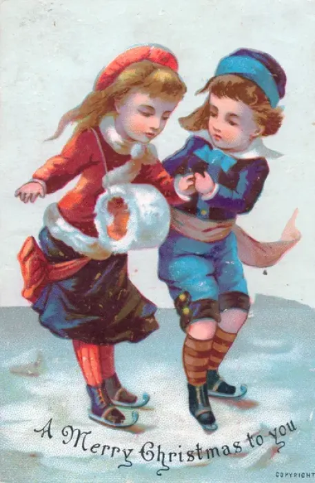 Framed Print : Boy and girl skating on a Christmas card Framed Print : Boy and girl skating on a Christmas card