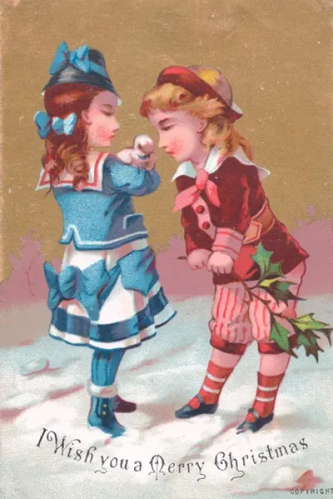 Framed Print : Boy and girl in the snow on a Christmas card Framed Print : Boy and girl in the snow on a Christmas card