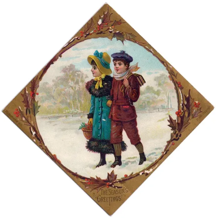 Framed Print : Boy and girl in the snow on a Christmas card Framed Print : Boy and girl in the snow on a Christmas card