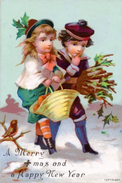 Framed Print : Boy and girl in the snow on a Christmas card Framed Print : Boy and girl in the snow on a Christmas card