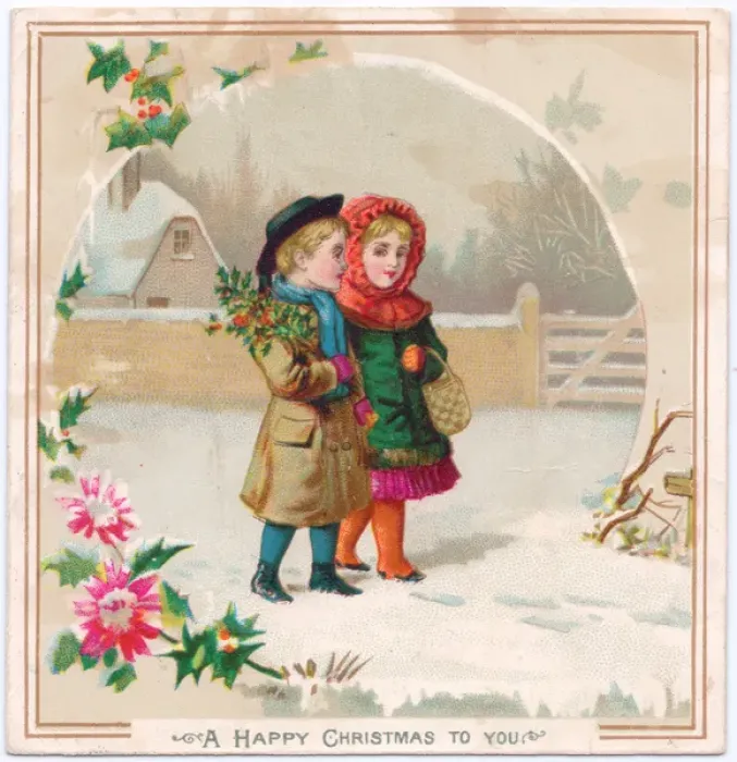 Framed Print : Boy and girl in the snow on a Christmas card Framed Print : Boy and girl in the snow on a Christmas card