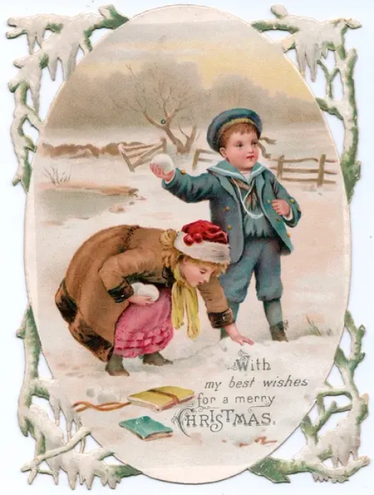 Framed Print : Boy and girl in the snow on a Christmas card Framed Print : Boy and girl in the snow on a Christmas card