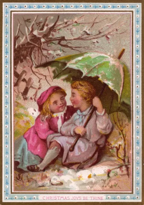 Framed Print : Boy and girl in the snow on a Christmas card Framed Print : Boy and girl in the snow on a Christmas card