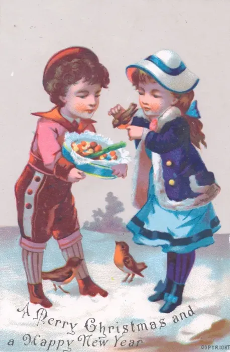 Framed Print : Boy and girl in the snow on a Christmas card Framed Print : Boy and girl in the snow on a Christmas card