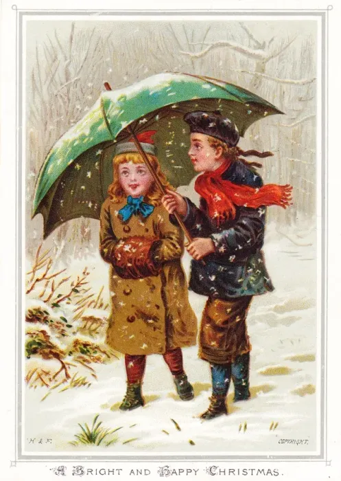Framed Print : Boy and girl in the snow on a Christmas card Framed Print : Boy and girl in the snow on a Christmas card