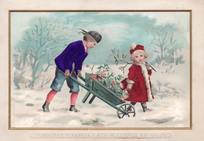 Framed Print : Boy and girl in snow on a fabric Christmas card Framed Print : Boy and girl in snow on a fabric Christmas card